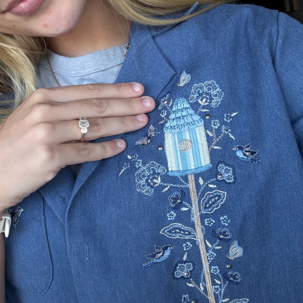BonWorth Blue Button Down Shirt with Embroidered Birdhouse Design